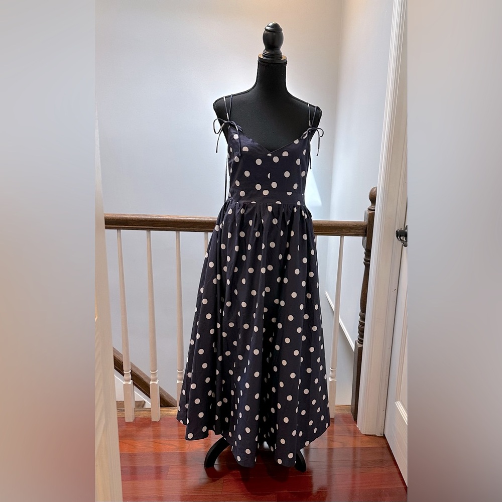 NWT EN SAISON Polka Dot Maxi Dress Dark Navy Blue & White Dots; size Medium